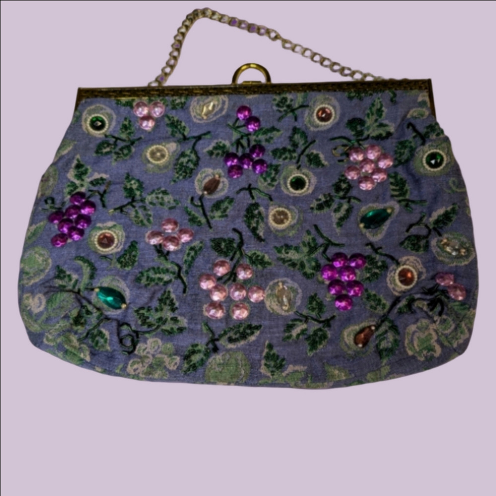 Vintage Bag Handmade Purple Green Fabric Sequin Floral Large Gold Chain Handle